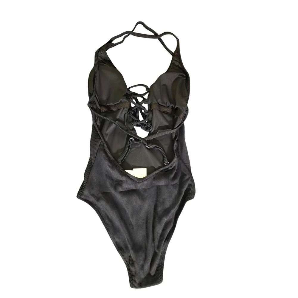Cupshe‎ Women's Black Ribbed Lace Up One Piece Swimsuit XS NEW